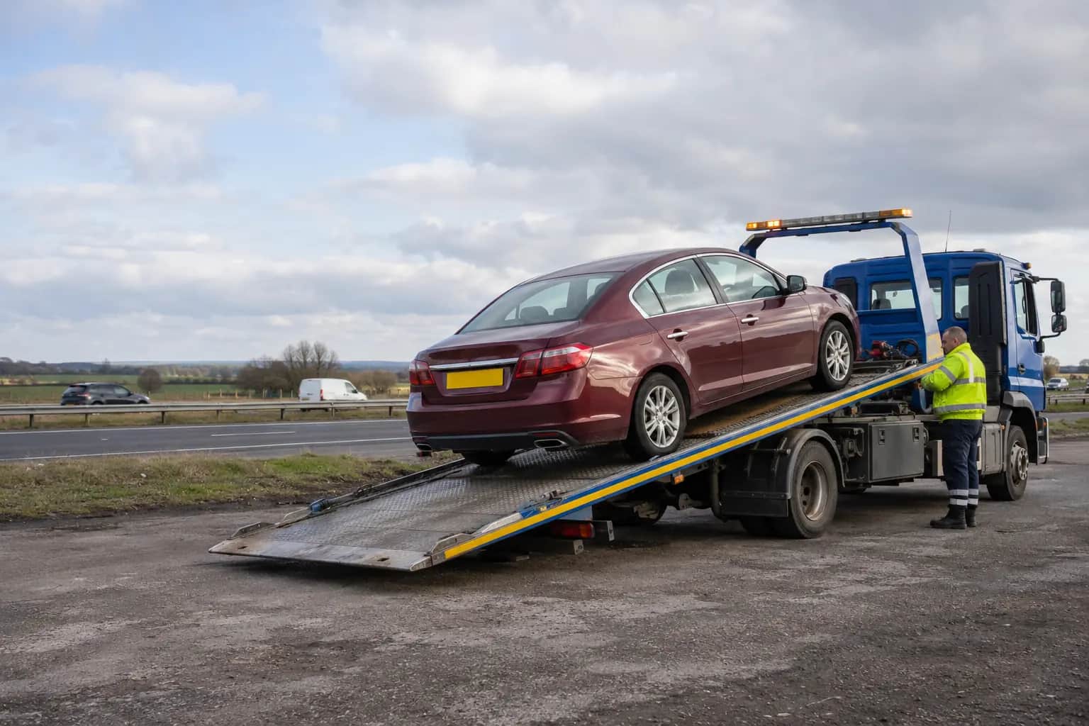 Car loaded onto a flatbed recovery truck on an A-road