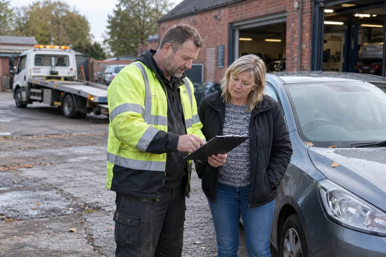 Technician talking through the paperwork with a customer beside their recovered car