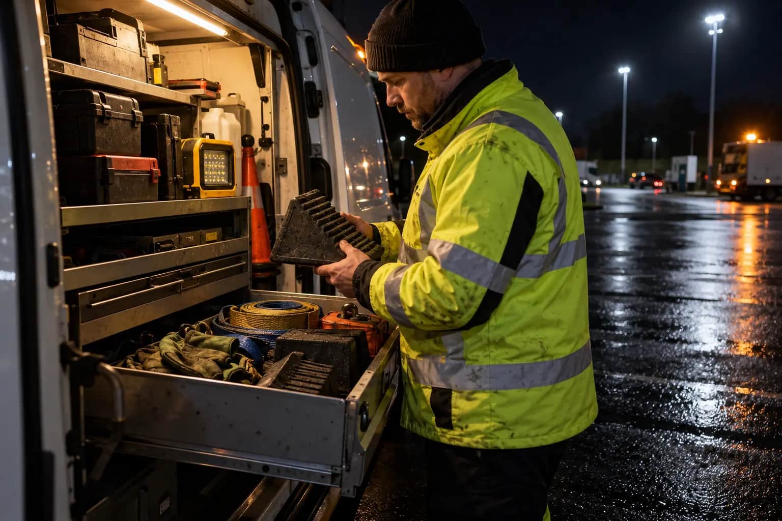 Technician selecting recovery equipment from a fully stocked van at night