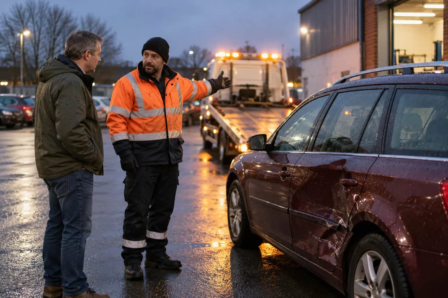 Recovery technician talking with a driver beside a damaged car on a flatbed truck