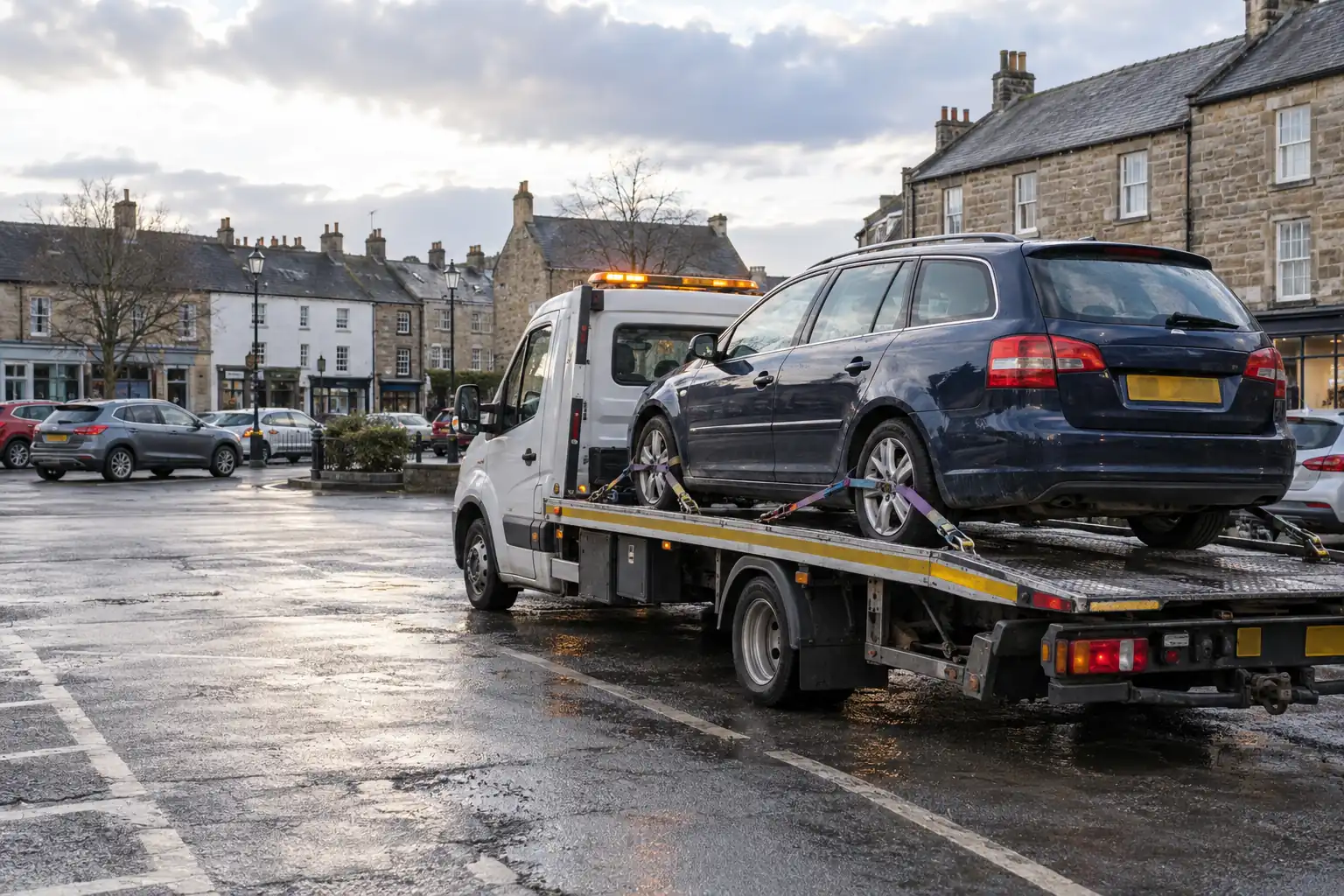 Car secured on a flatbed recovery truck in a stone-built market town