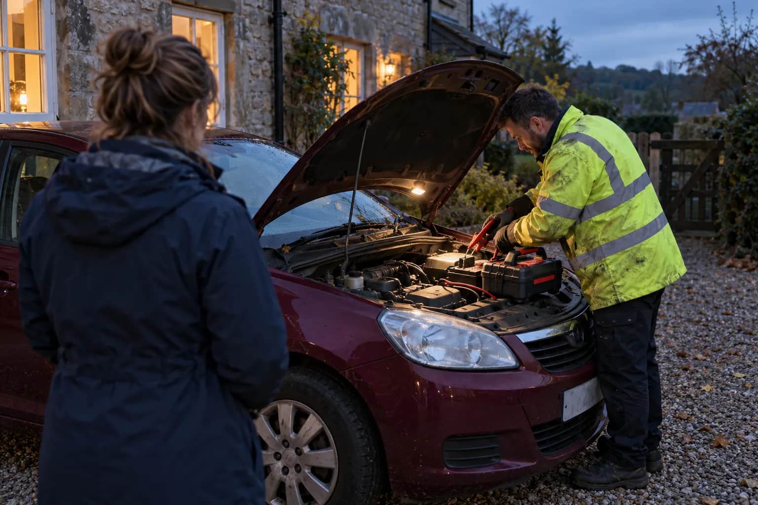 Technician jump-starting a car battery outside a stone cottage near Barnard Castle at dusk