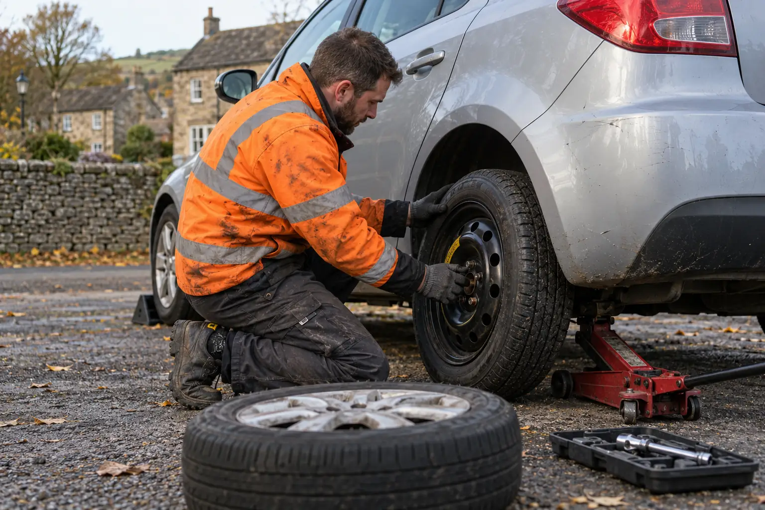 Technician changing a wheel at the roadside near Barnard Castle