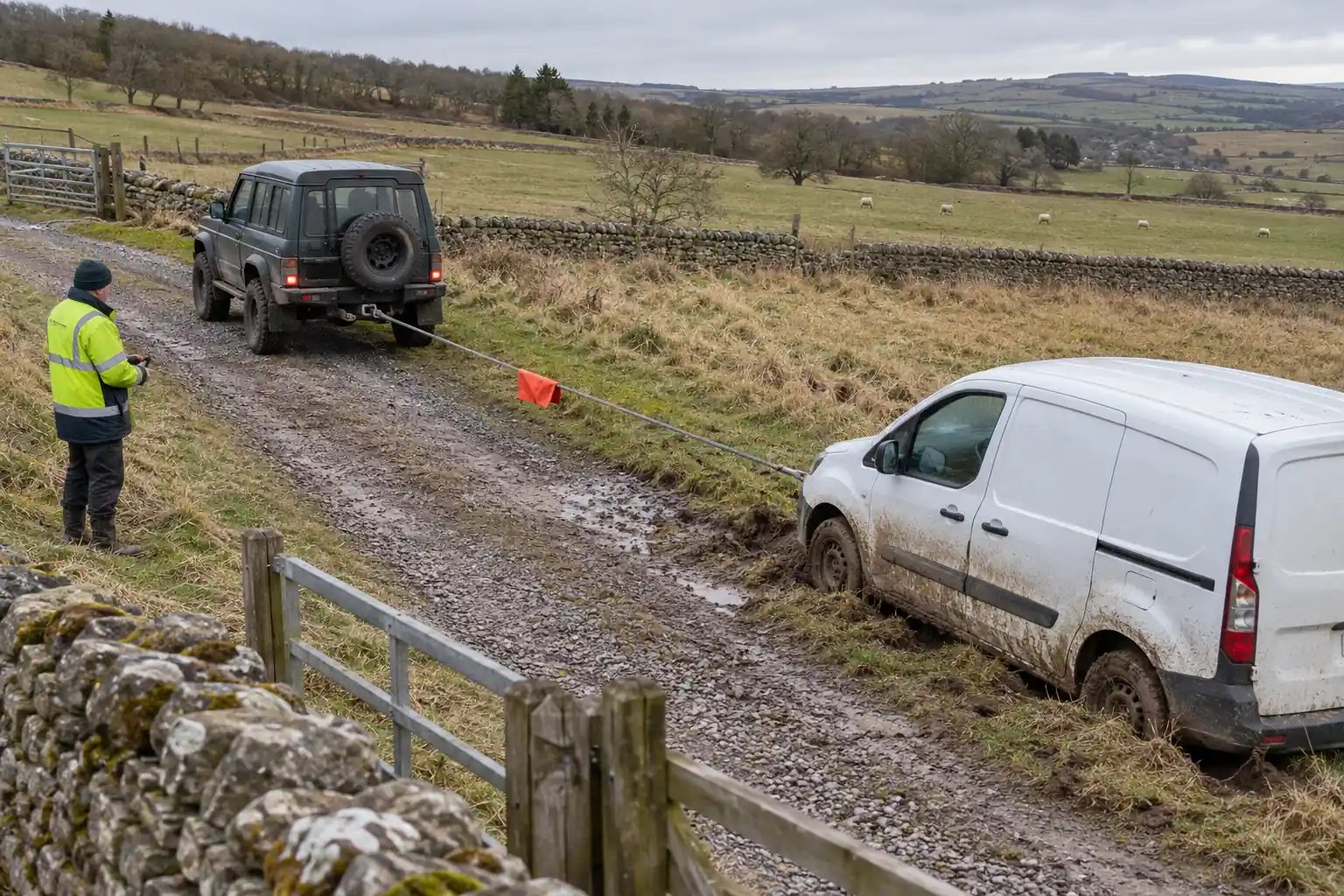 4x4 recovery vehicle winching a stuck van clear of a muddy rural track near Barnard Castle