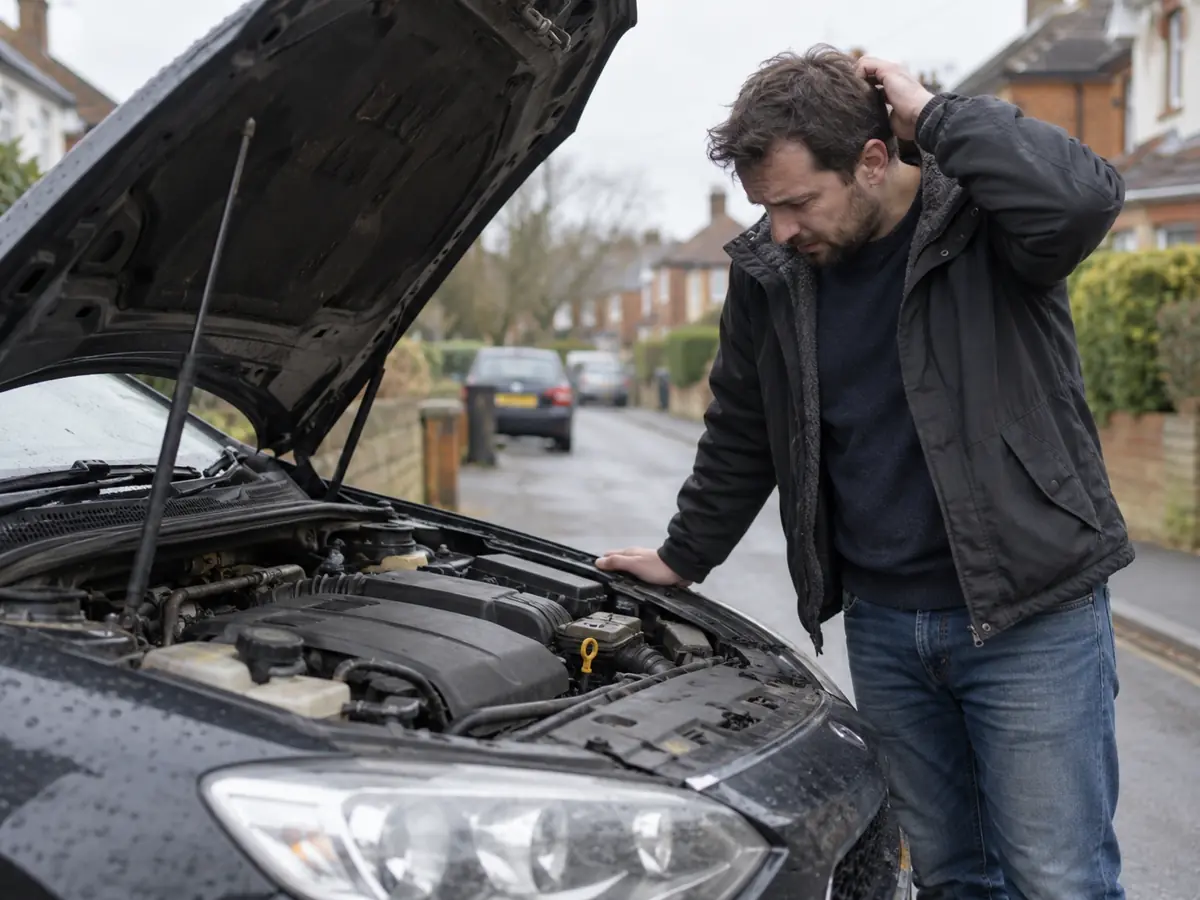 Driver checking a car that will not start even though the battery seems fine