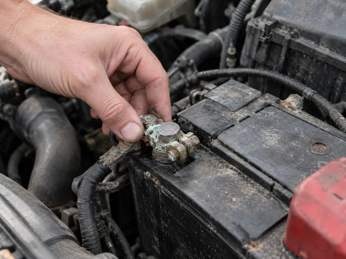Corroded battery terminal and electrical connections inside a car engine bay