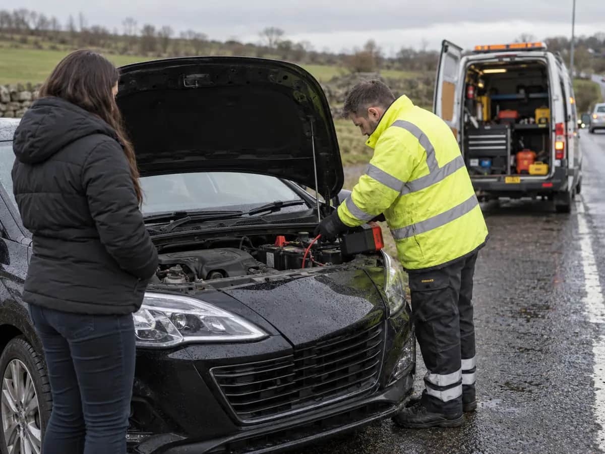 Roadside assistance technician helping a driver with a car that will not start