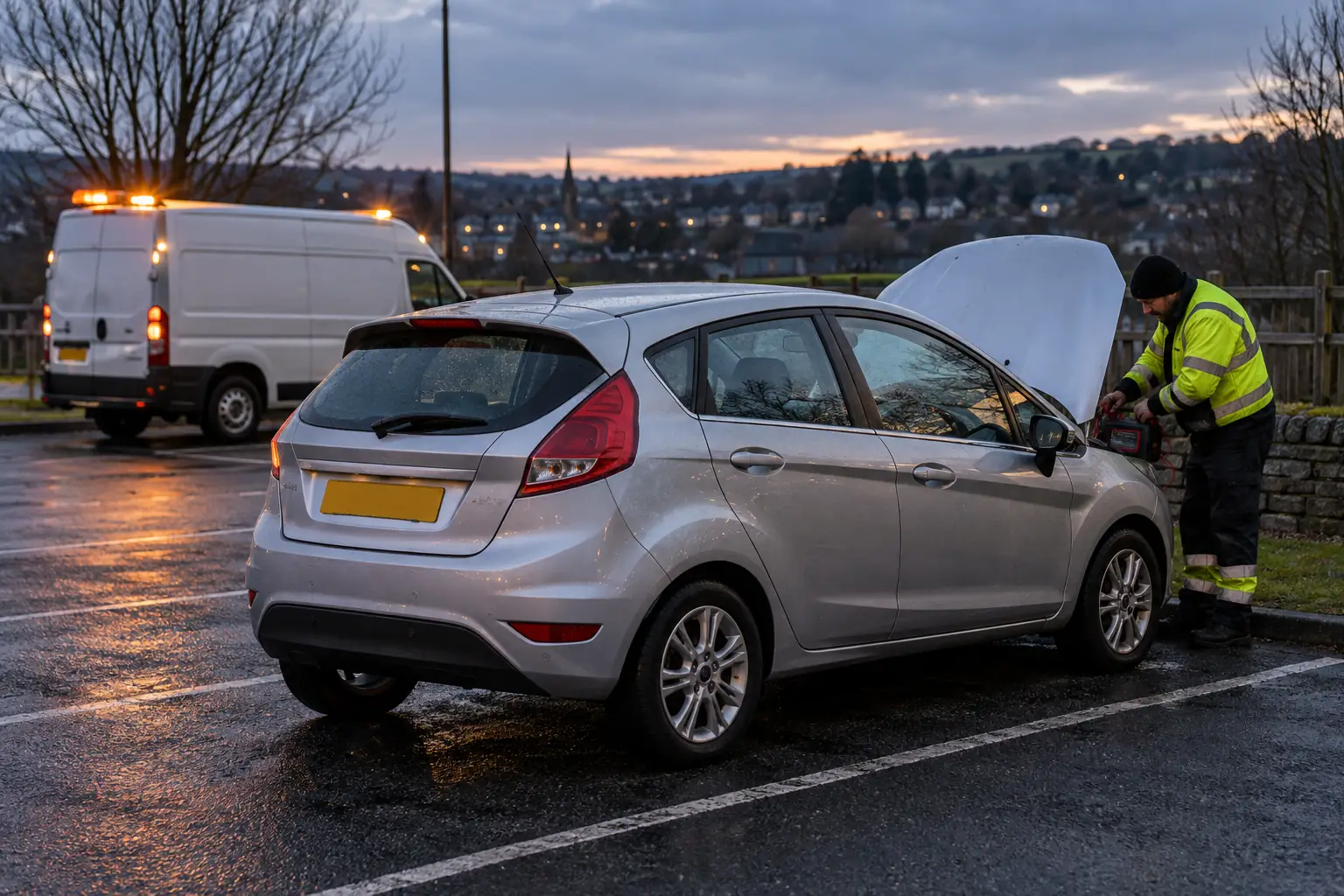 Technician providing roadside jumpstart assistance to a car at dusk with a recovery van behind