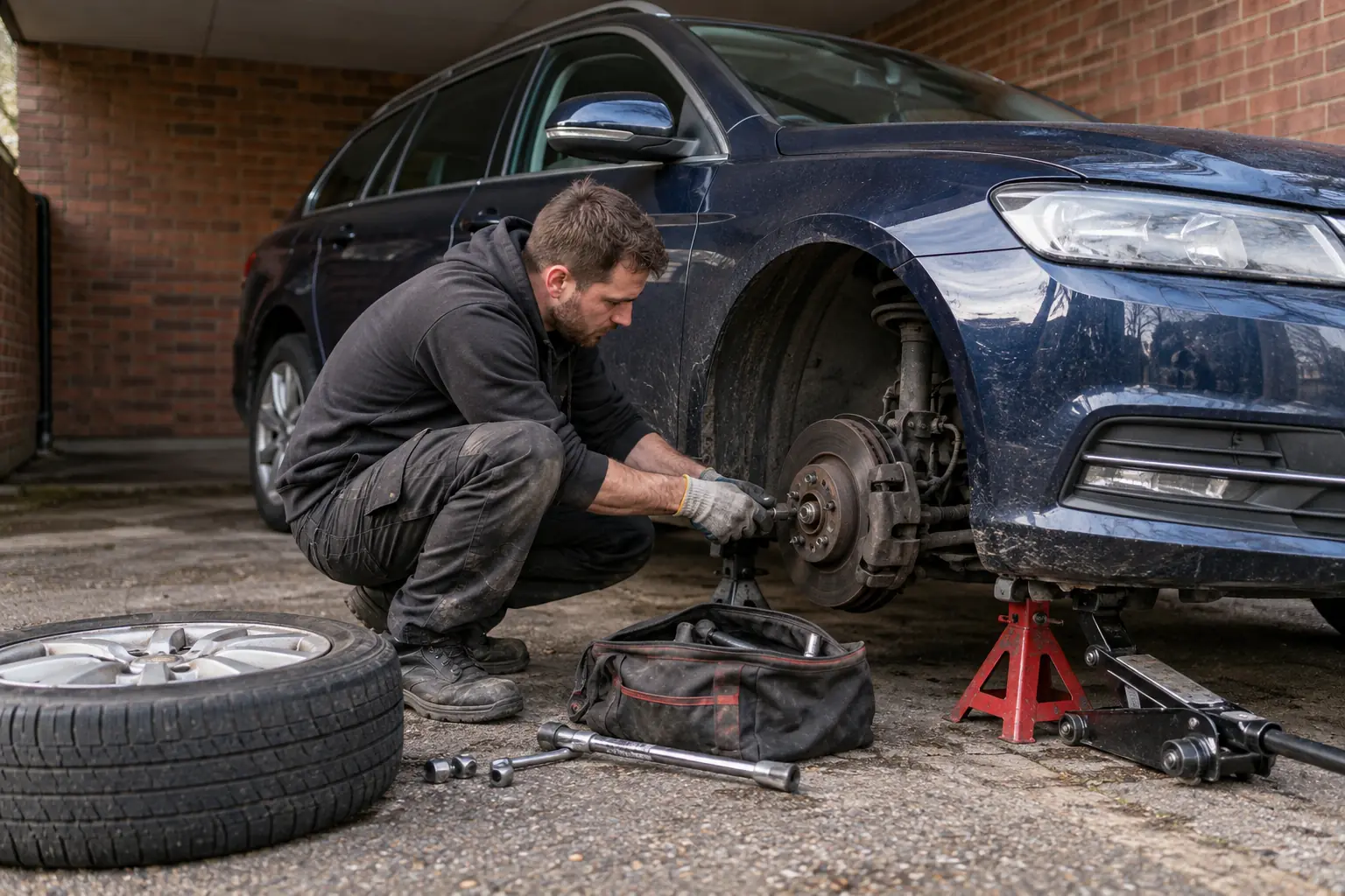 Technician changing a wheel on a car using a jack and ratchet strap