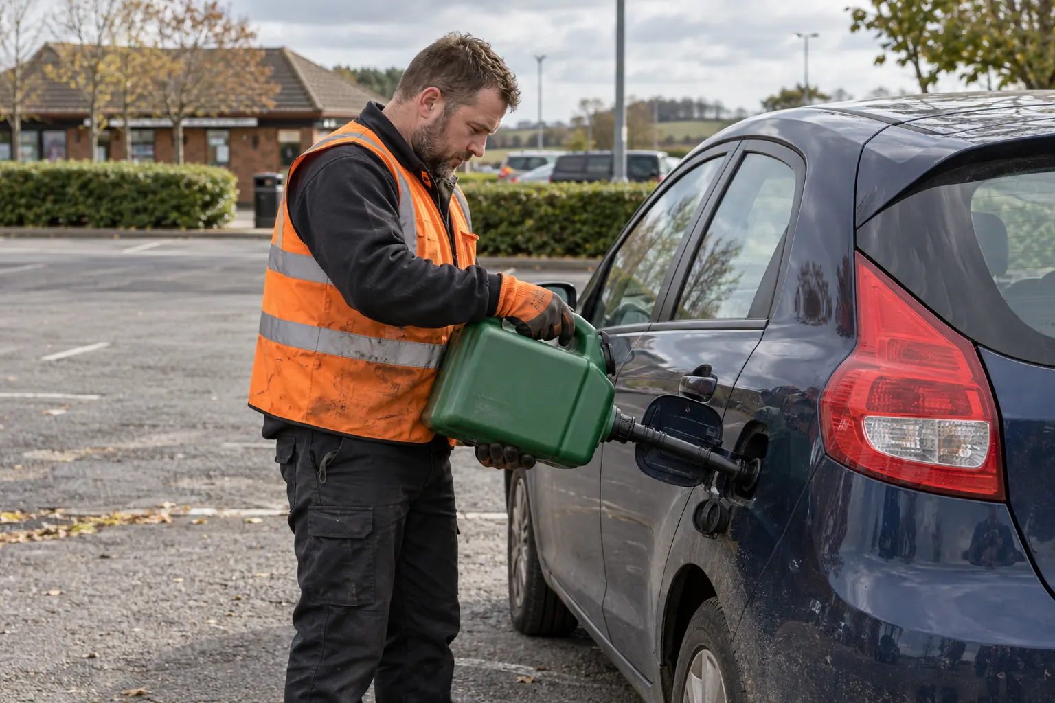 Technician pouring emergency fuel from a can into a car