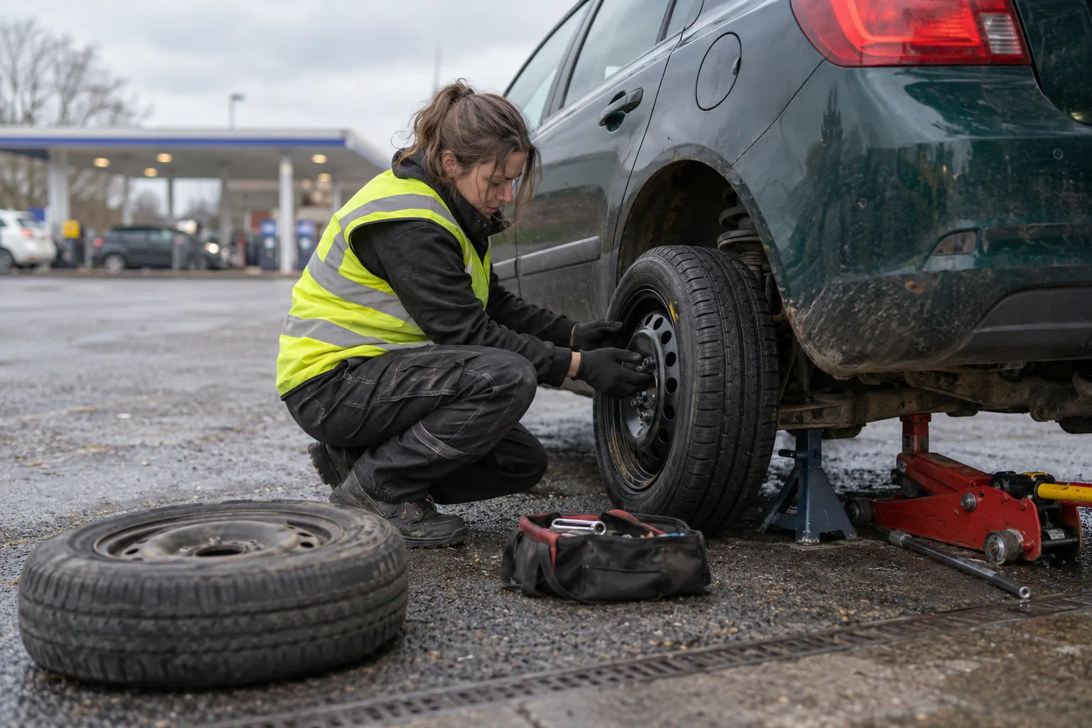 Technician changing a wheel on a car using a jack and ratchet strap