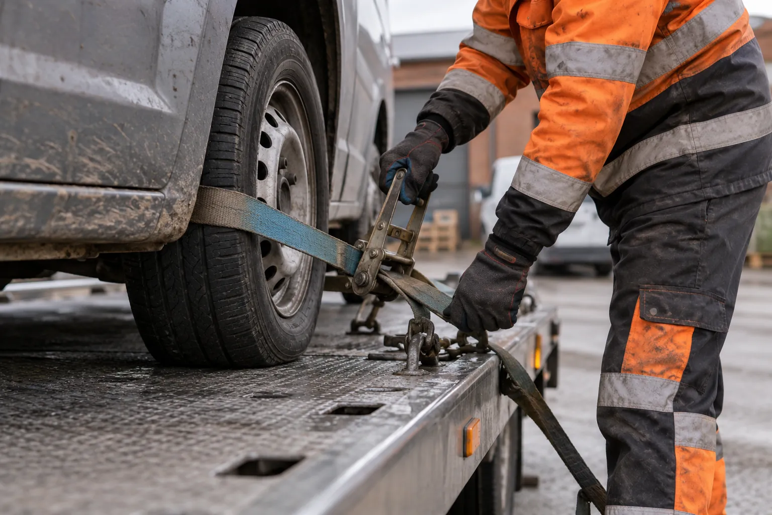 Technician securing a vehicle to a flatbed recovery truck with a ratchet strap