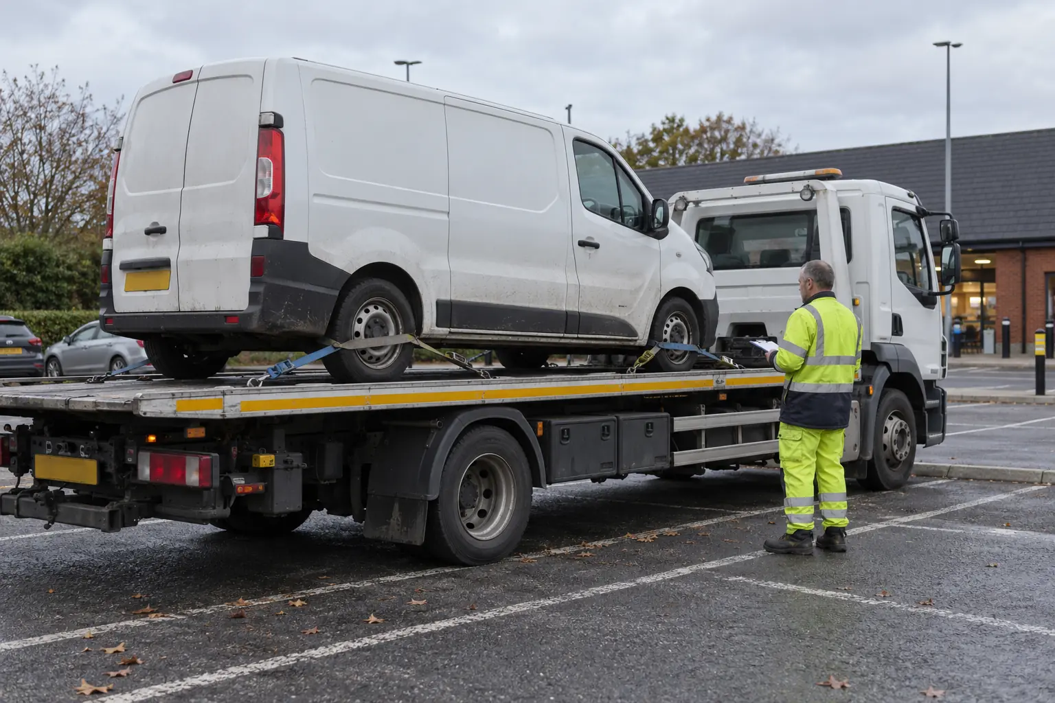 Recovery operator carrying out a safety check on a van loaded onto a flatbed truck