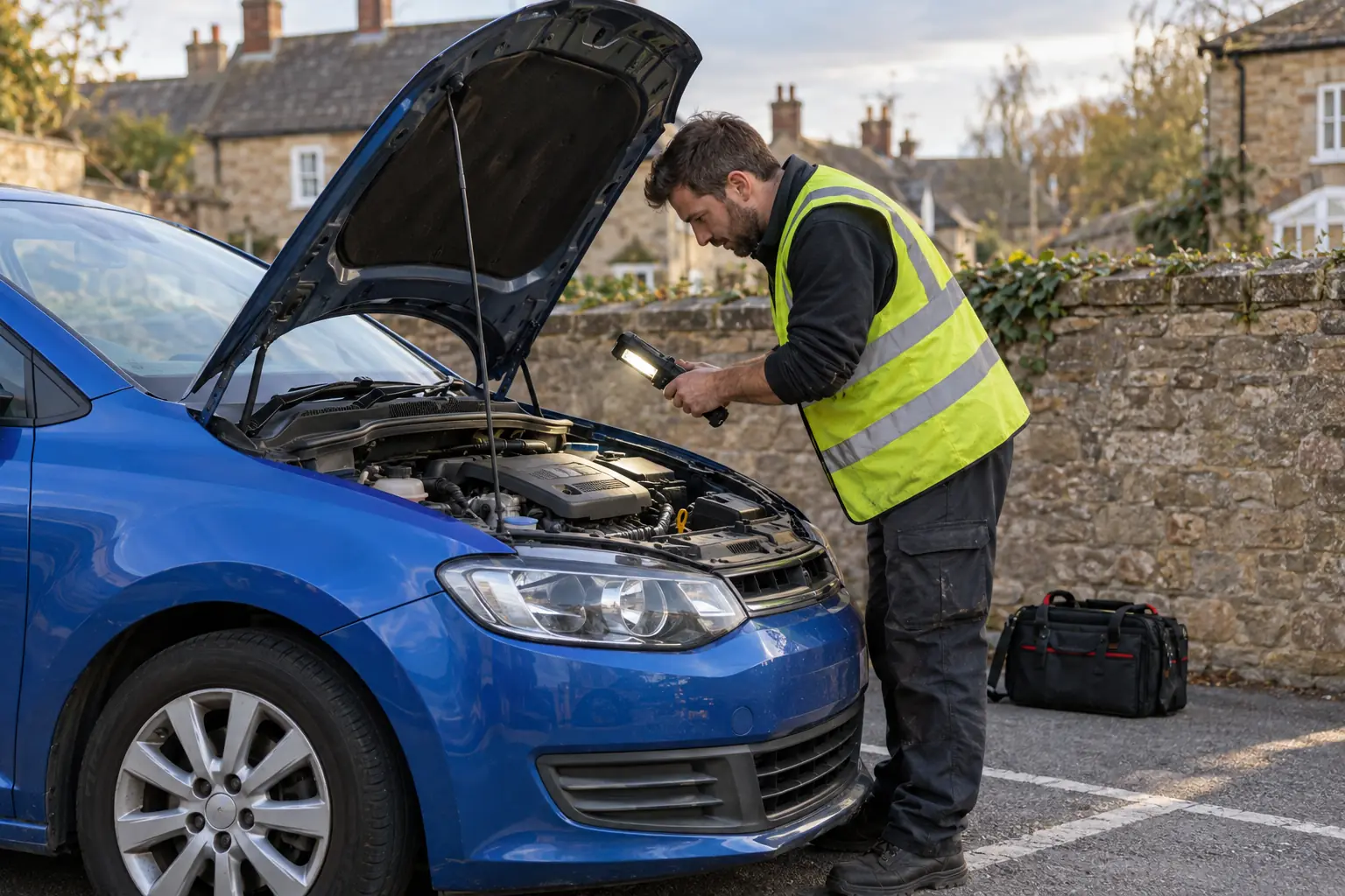 Technician inspecting a car engine with a torch at dusk in a village near the A68