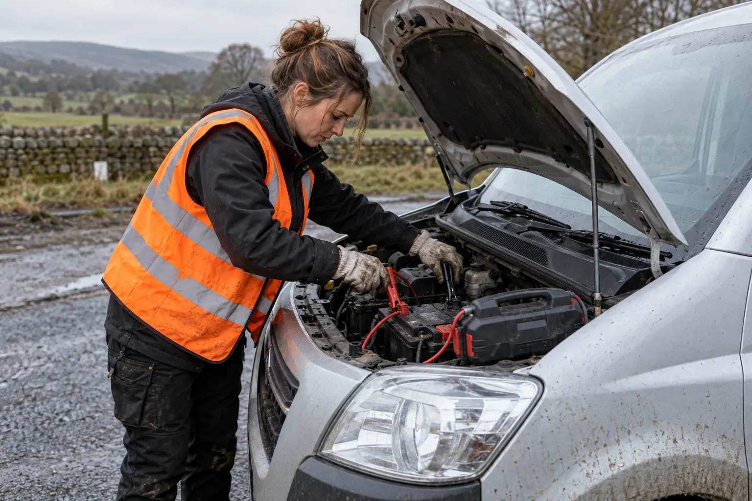 Technician jump-starting a van battery at the roadside near the A68
