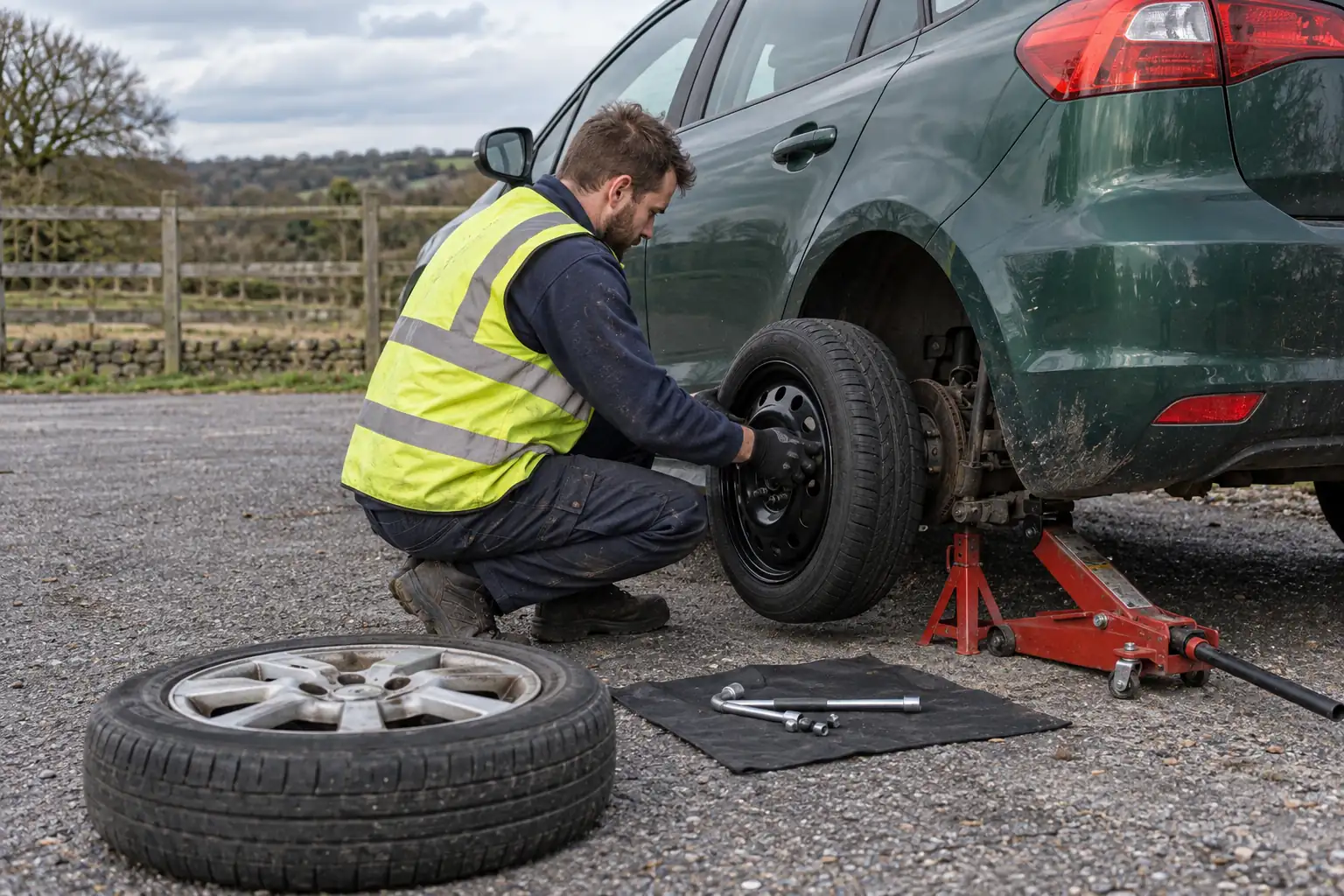 Technician changing a wheel at the roadside with a trolley jack on a rural road