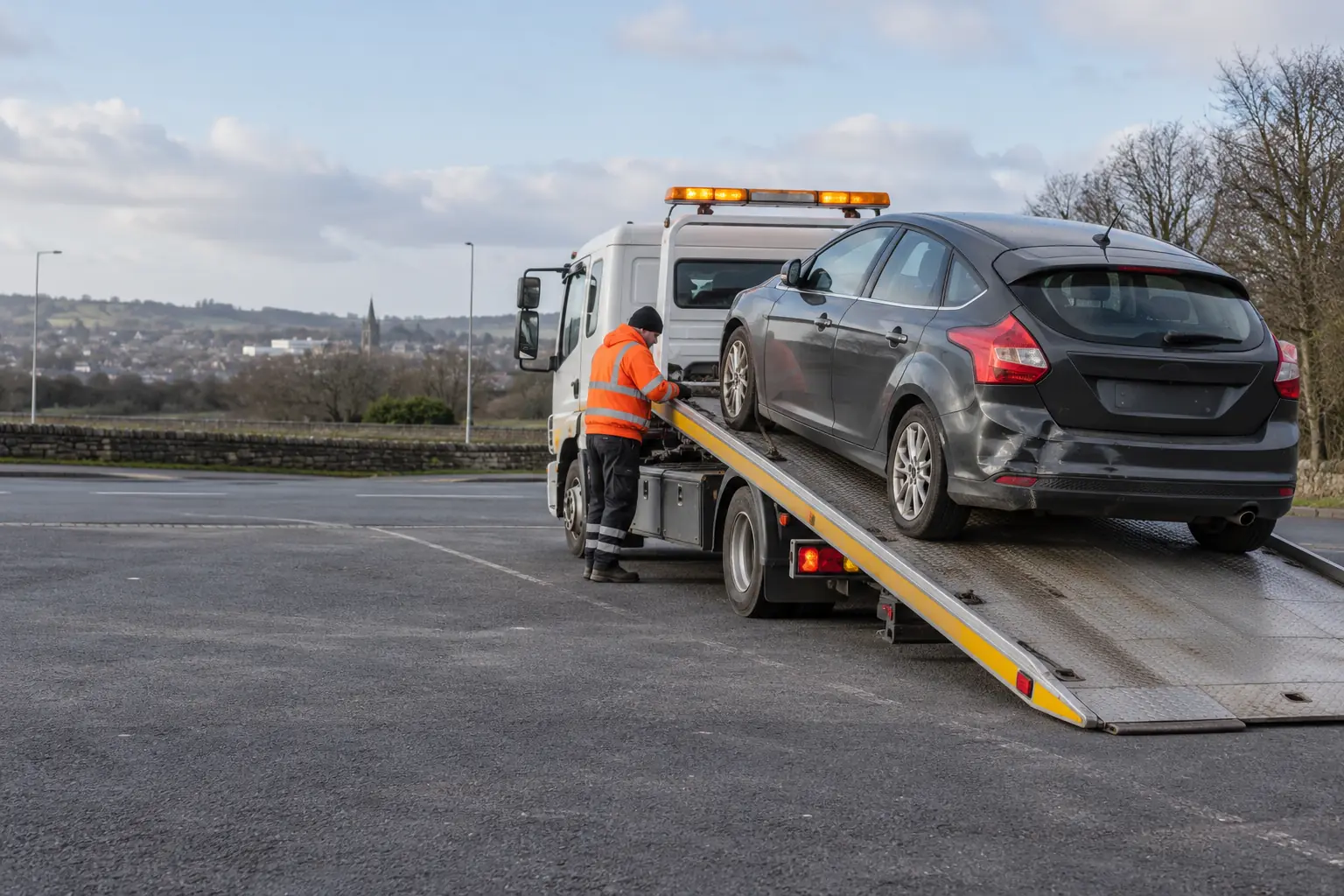 Technician loading a damaged car onto a flatbed recovery truck