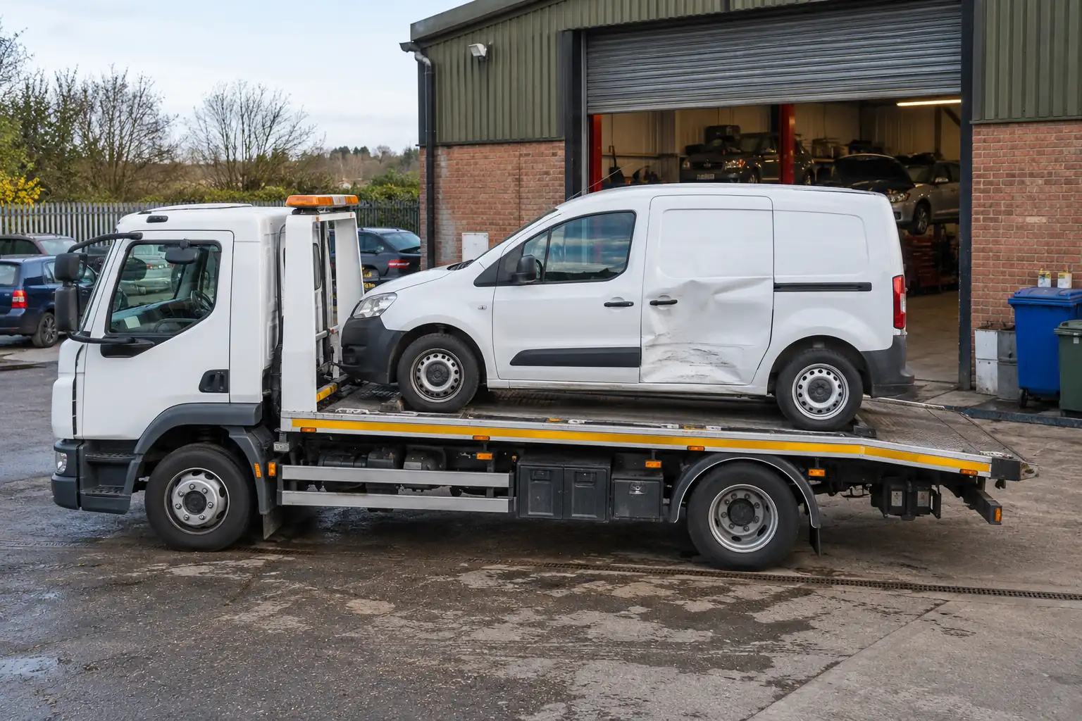 Van with accident-damaged bodywork loaded on a flatbed recovery truck