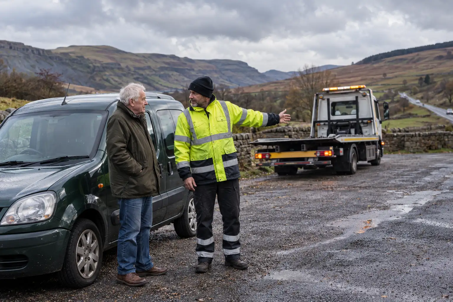 Technician talking with a driver beside their van, recovery truck and Pennine hills in the background