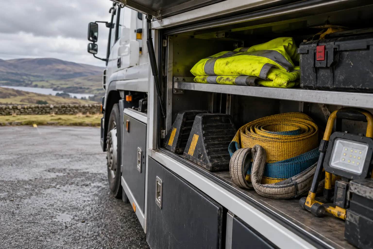 Recovery van equipment compartment with straps, wheel chocks and a work light, Pennine hills in the background