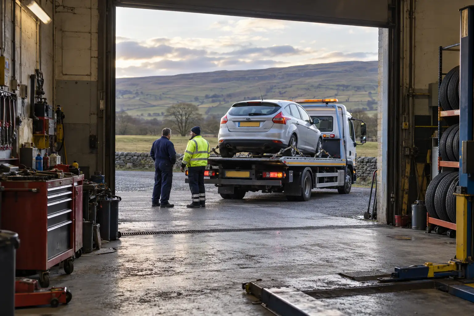 Recovery truck viewed from inside a workshop, with Teesdale countryside beyond