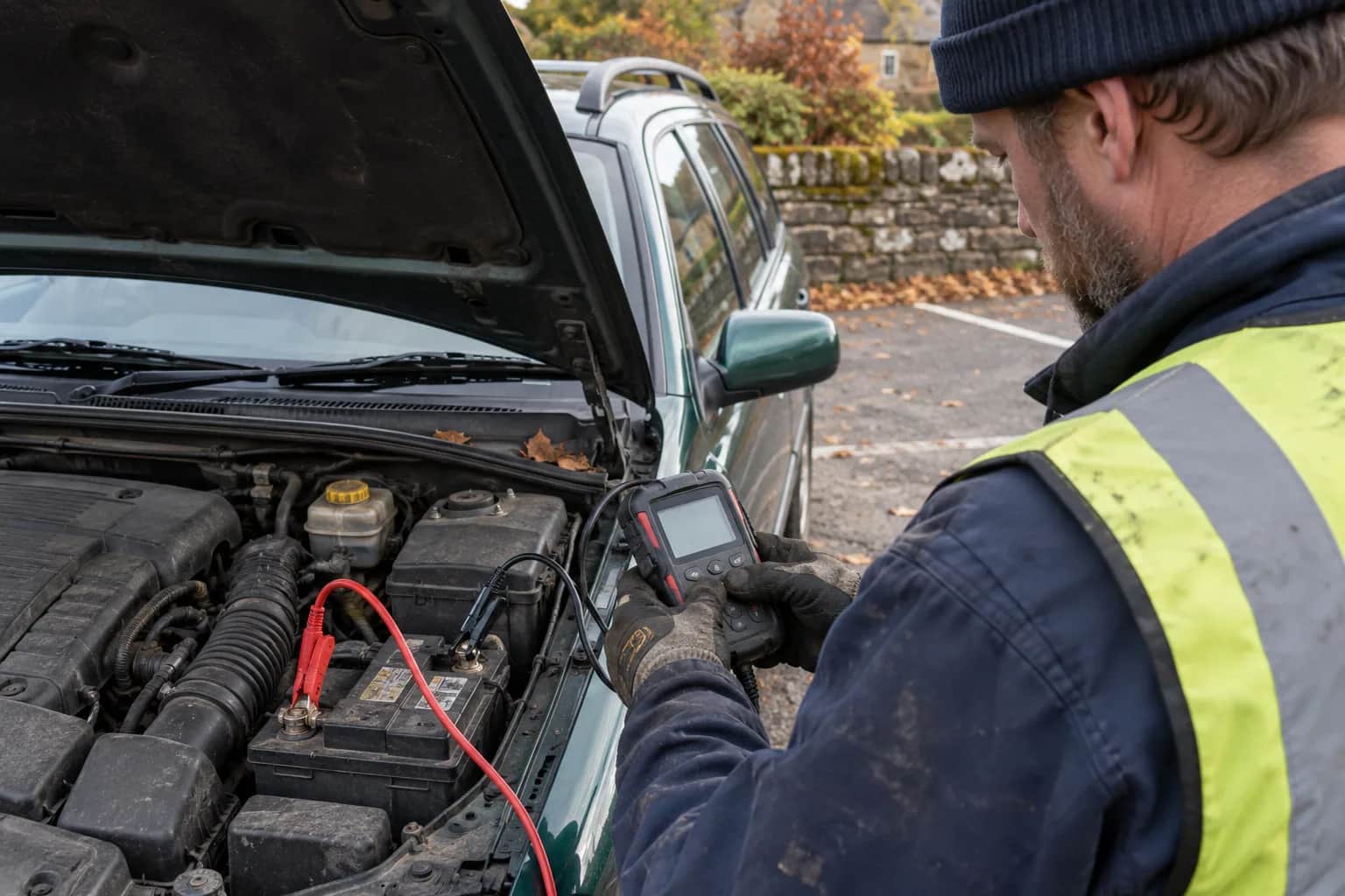 Technician jump-starting a car battery at the roadside near a Teesdale village