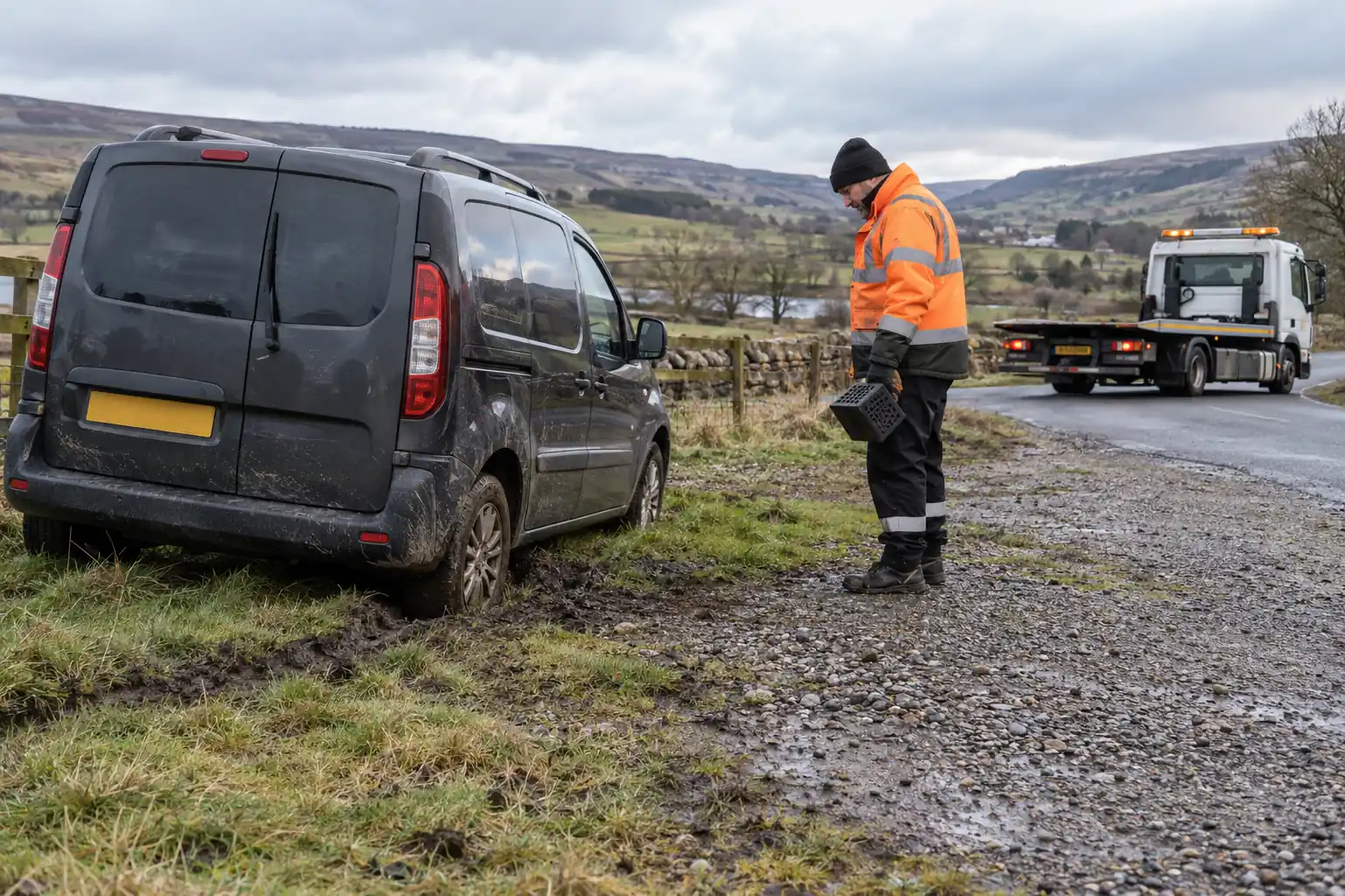 Technician assessing a van stuck on a soft verge beside a Teesdale road, recovery truck approaching