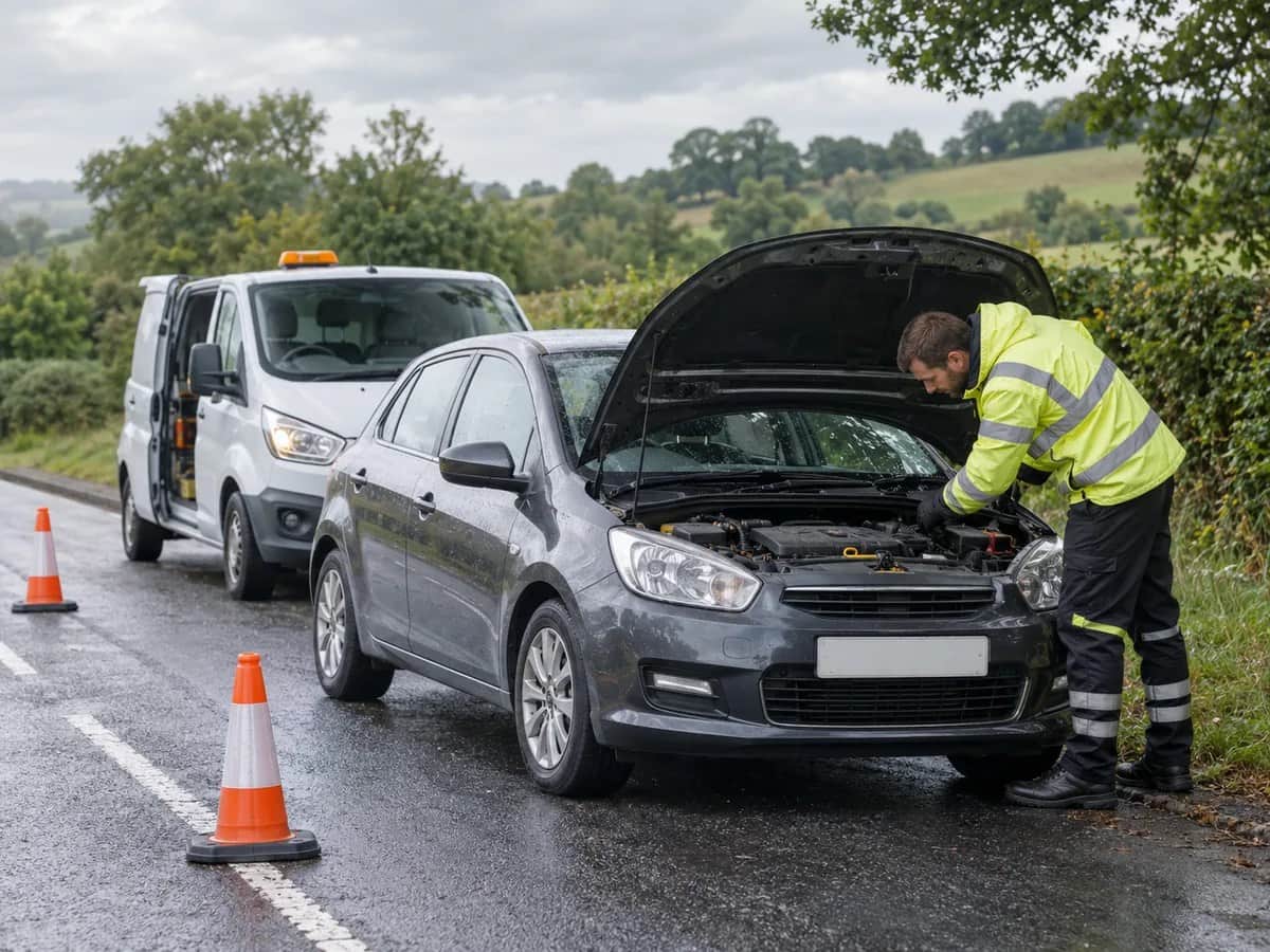 Recovery vehicle assisting a driver near a garrison town